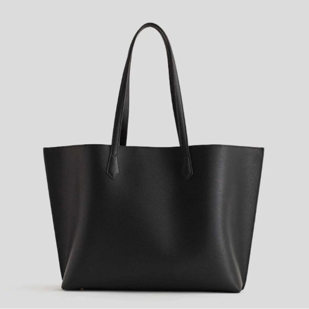 QUINCE Italian Leather Triple Compartment Shopper Tote Bag Black Brown Adeline